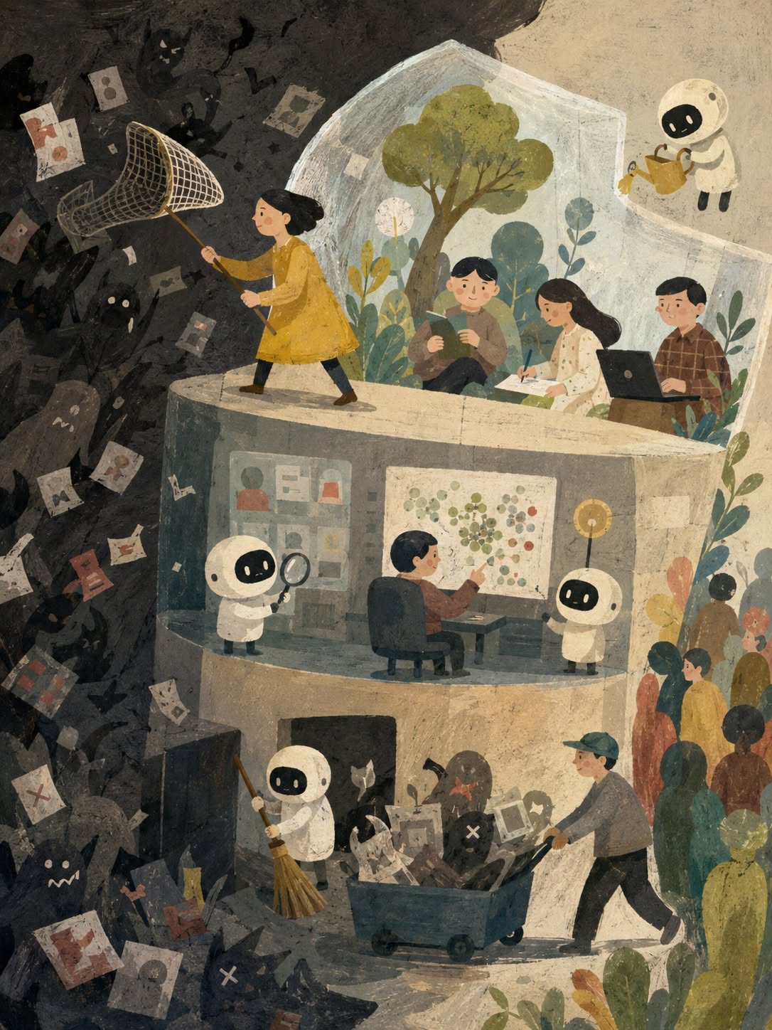 人與 AI 協作清理濫用內容的插畫
